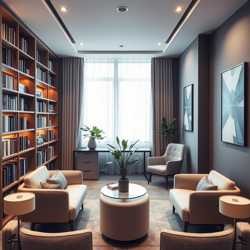 A sophisticated and stylish psychological therapy office, featuring a modern and calming design, with comfortable seating arrangements, elegant bookshelves filled with psychology books, a minimalist desk, soft ambient lighting, and abstract art pieces on the walls