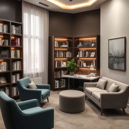 A sophisticated and stylish psychological therapy office, featuring a modern and calming design, with comfortable seating arrangements, elegant bookshelves filled with psychology books, a minimalist desk, soft ambient lighting, and abstract art pieces on the walls