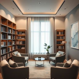 A sophisticated and stylish psychological therapy office, featuring a modern and calming design, with comfortable seating arrangements, elegant bookshelves filled with psychology books, a minimalist desk, soft ambient lighting, and abstract art pieces on the walls