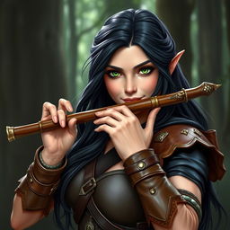 A half-elf bard with long, dark hair and striking green eyes