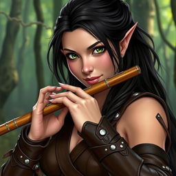 A half-elf bard with long, dark hair and striking green eyes