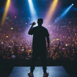 A detailed scene of a vibrant rap concert in a large stadium with a powerful rapper performing on stage, illuminated by colorful lights and surrounded by a cheering audience.