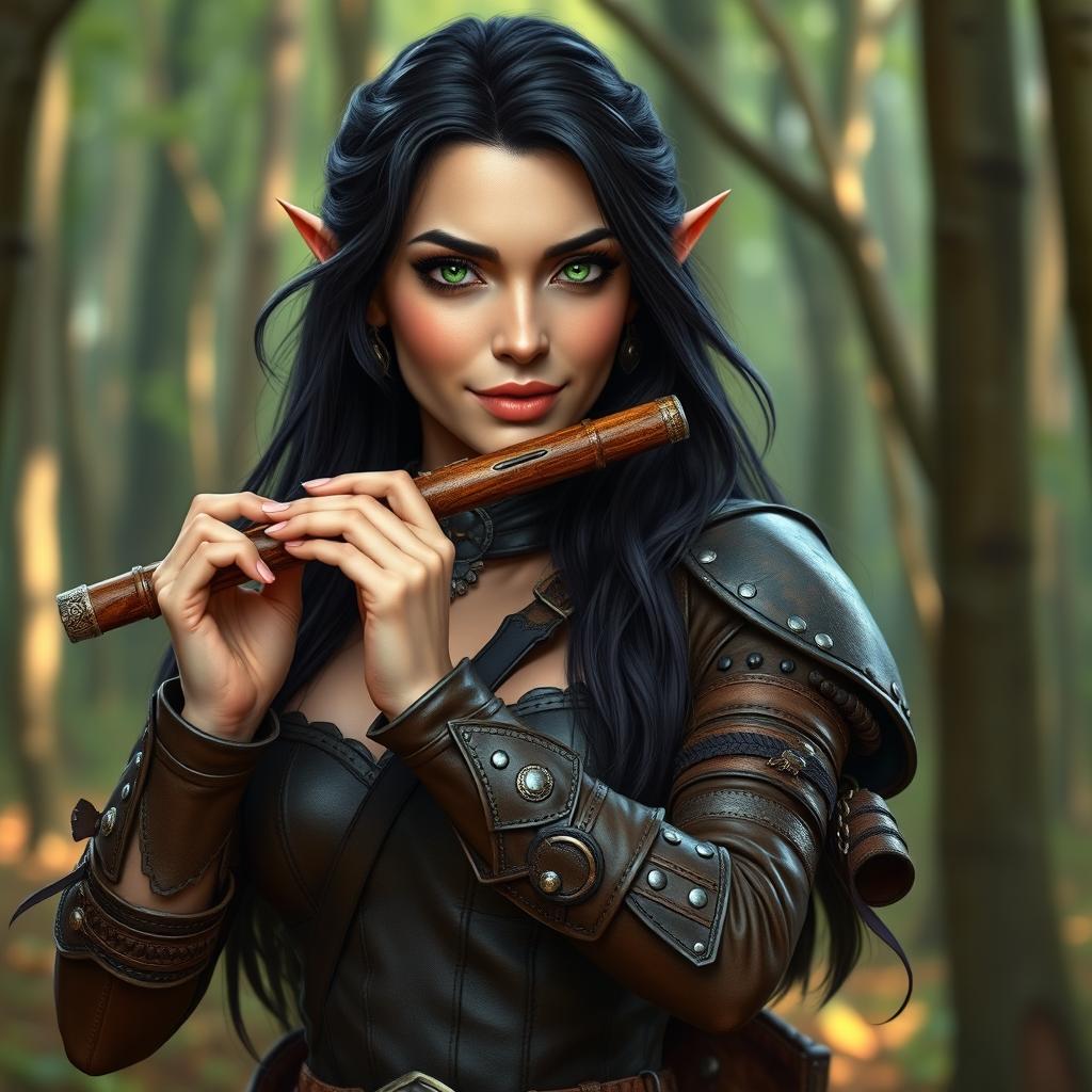 A half-elf bard with long, dark hair and striking green eyes