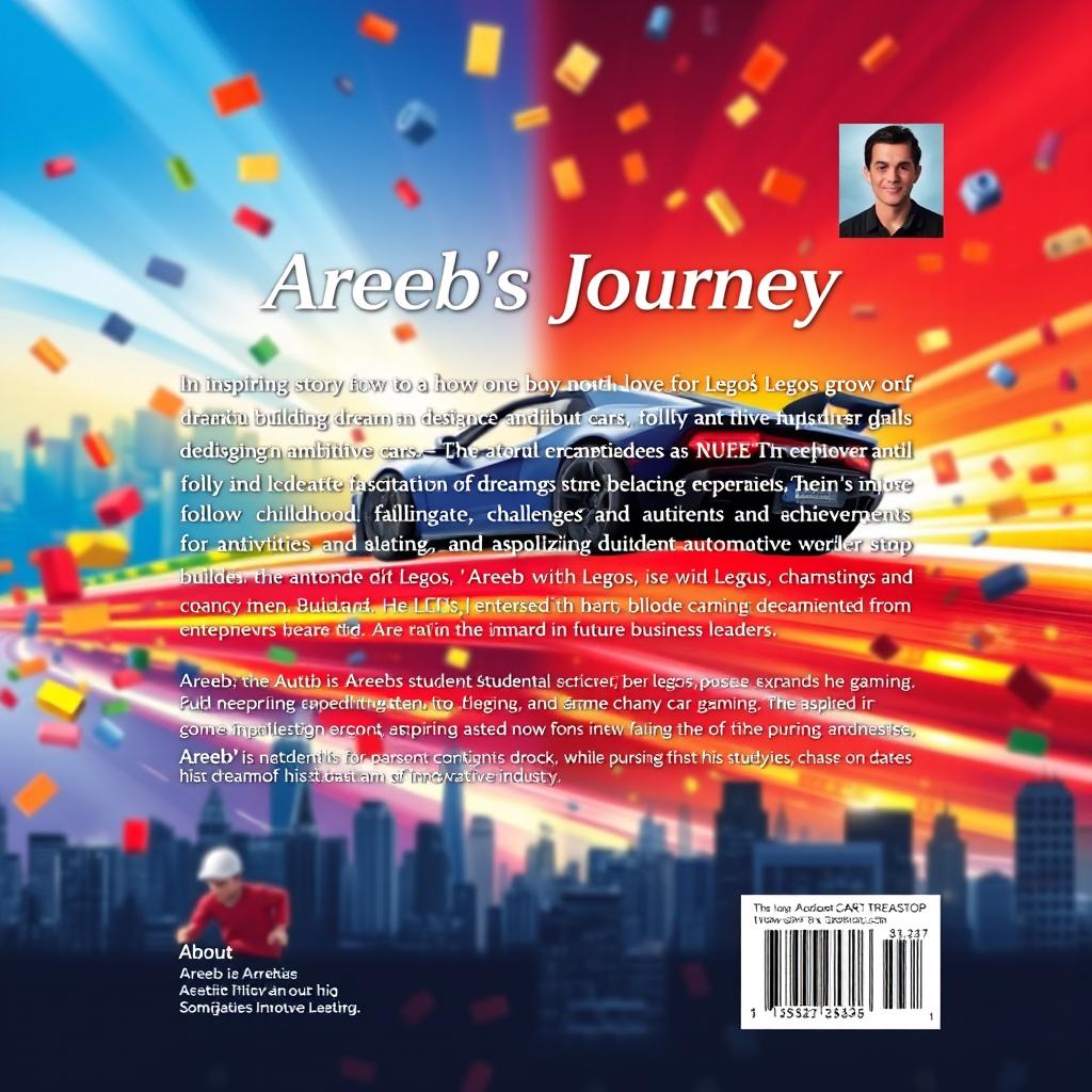 Back cover with the following text for "Areeb's Journey": "Areeb's Journey" is an inspiring story about how one boy's love for Legos grew into a dream of designing and building cars