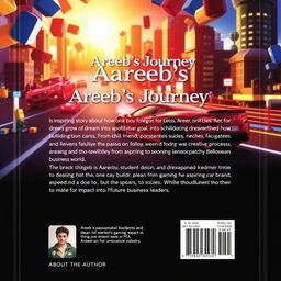 Back cover with the following text for "Areeb's Journey": "Areeb's Journey" is an inspiring story about how one boy's love for Legos grew into a dream of designing and building cars