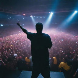 A detailed scene of a vibrant rap concert in a large stadium with a powerful rapper performing on stage, illuminated by colorful lights and surrounded by a cheering audience.