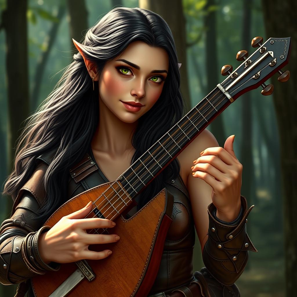 A half-elf bard with long, dark hair and striking green eyes