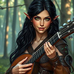 A half-elf bard with long, dark hair and striking green eyes