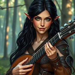 A half-elf bard with long, dark hair and striking green eyes