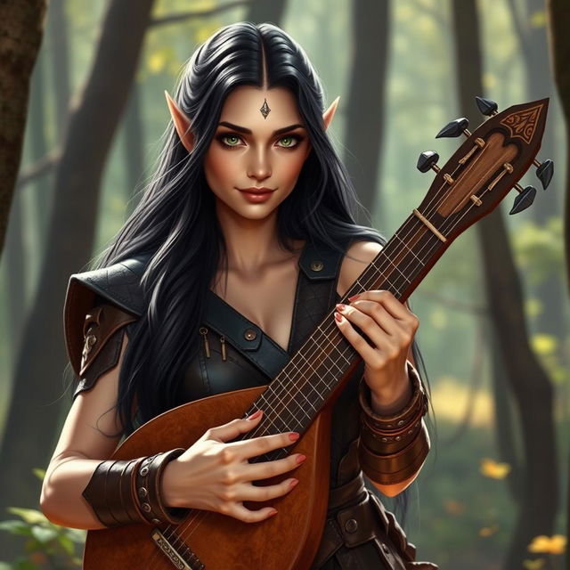 A half-elf bard with long, dark hair and striking green eyes