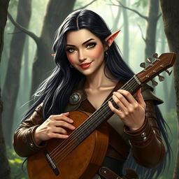 A half-elf bard with long, dark hair and striking green eyes