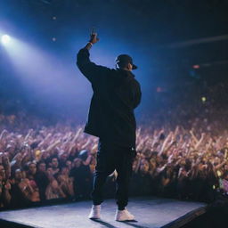 A detailed scene of a vibrant rap concert in a large stadium with a powerful rapper performing on stage, illuminated by colorful lights and surrounded by a cheering audience.