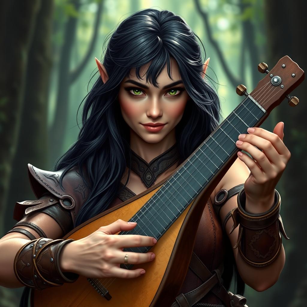 A half-elf bard with long, dark hair and striking green eyes