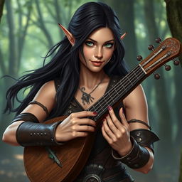 A half-elf bard with long, dark hair and striking green eyes