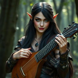 A half-elf bard with long, dark hair and striking green eyes