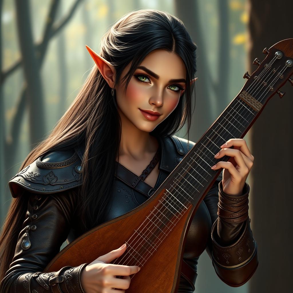 A half-elf bard with long, dark hair and striking green eyes