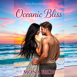 A romantic and adventurous fantasy book cover featuring a couple standing on a beautiful beach