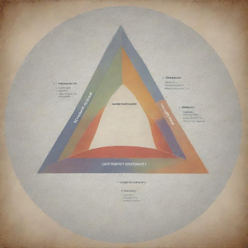 Create an imaginative conceptual framework depicting the interchange among the theories of opportunity, institutionalism, social networking, collective action, and the fraud triangle. Each theory should be visibly separate yet intertwined, showing their interconnected influence.