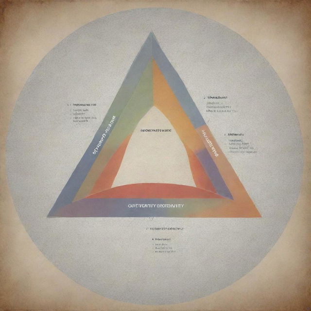 Create an imaginative conceptual framework depicting the interchange among the theories of opportunity, institutionalism, social networking, collective action, and the fraud triangle. Each theory should be visibly separate yet intertwined, showing their interconnected influence.