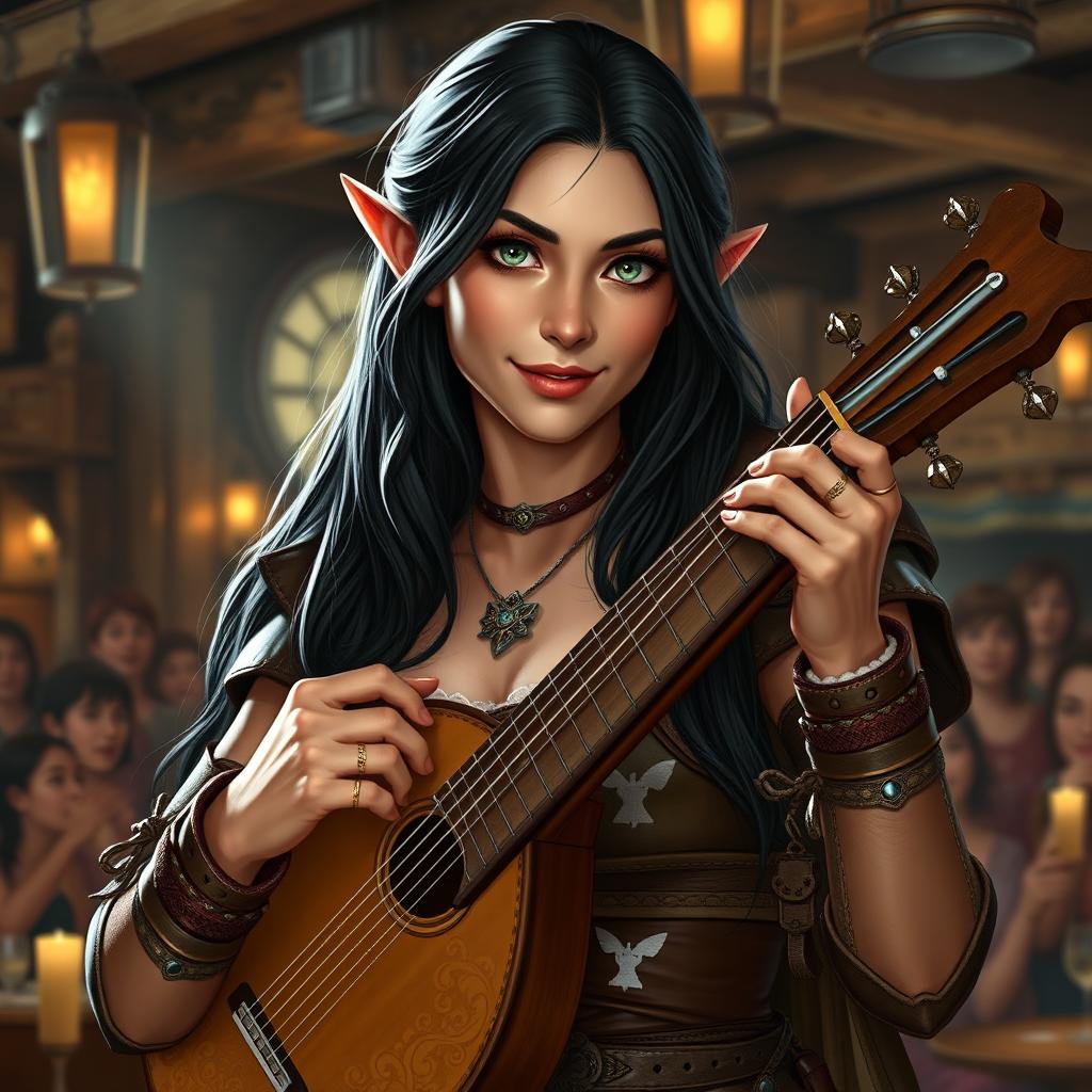 A half-elf bard with long, dark hair and striking green eyes