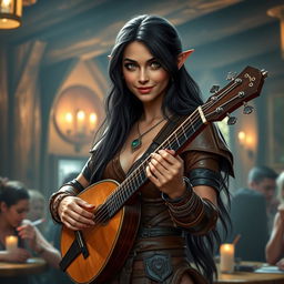 A half-elf bard with long, dark hair and striking green eyes