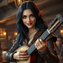 A half-elf bard with long, dark hair and striking green eyes