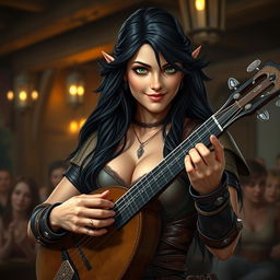 A half-elf bard with long, dark hair and striking green eyes