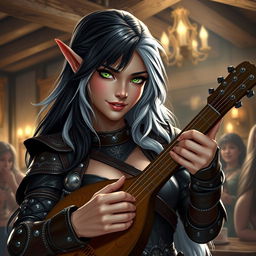 A half-elf bard with long, dark and white hair and striking green eyes