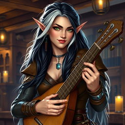 A half-elf bard with long, dark and white hair and striking green eyes