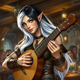 A half-elf bard with long, dark and white hair and striking green eyes