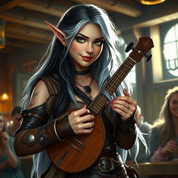 A half-elf bard with long, dark and white hair and striking green eyes