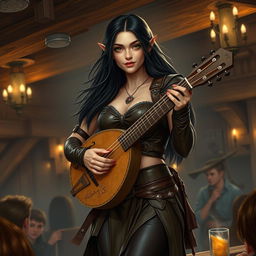 A half-elf bard with long, dark hair and striking green eyes