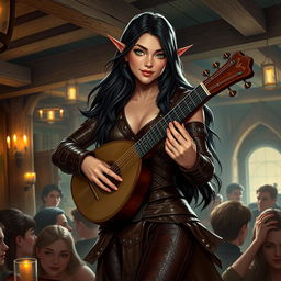 A half-elf bard with long, dark hair and striking green eyes