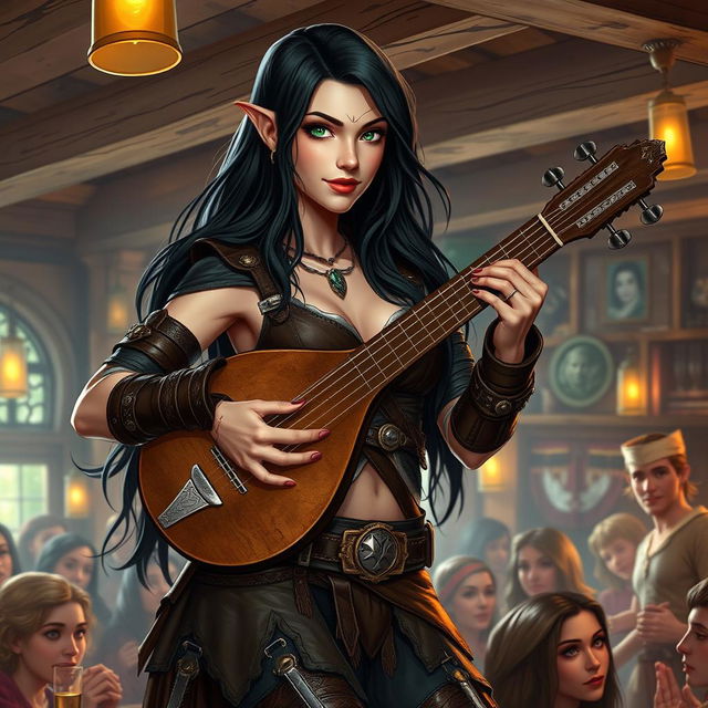 A half-elf bard with long, dark hair and striking green eyes