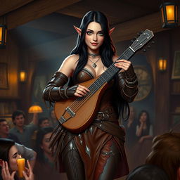 A half-elf bard with long, dark hair and striking green eyes