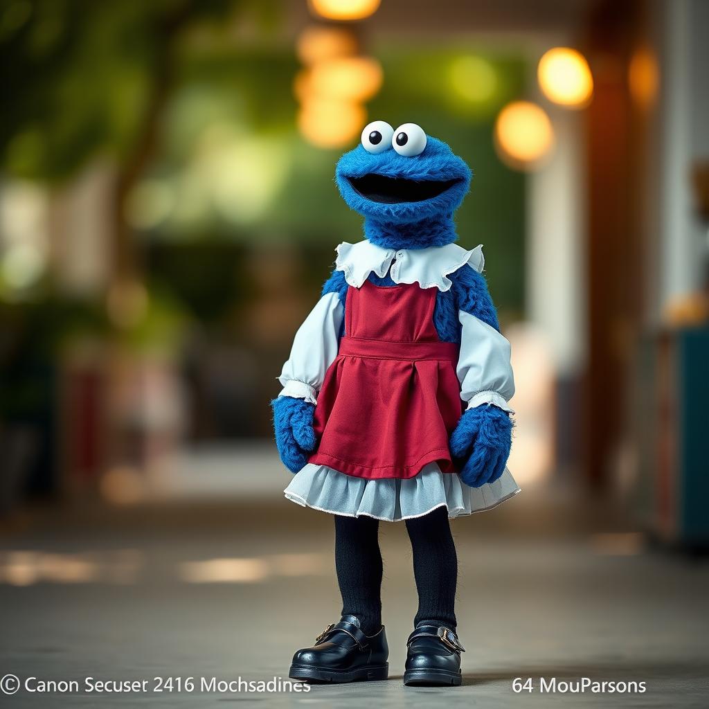 A full body photo of a human-like Cookie Monster dressed in a white frilled blouse, short maroon jumper skirt, maroon petticoat, black Mary Jane shoes, and black tights