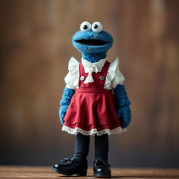 A full body photo of a human-like Cookie Monster dressed in a white frilled blouse, short maroon jumper skirt, maroon petticoat, black Mary Jane shoes, and black tights