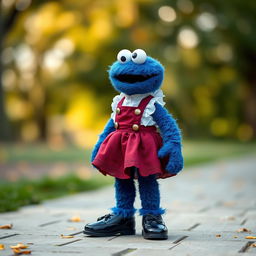 A full body photo of a human-like Cookie Monster dressed in a white frilled blouse, short maroon jumper skirt, maroon petticoat, black Mary Jane shoes, and black tights