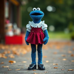 A full body photo of a human-like Cookie Monster dressed in a white frilled blouse, short maroon jumper skirt, maroon petticoat, black Mary Jane shoes, and black tights