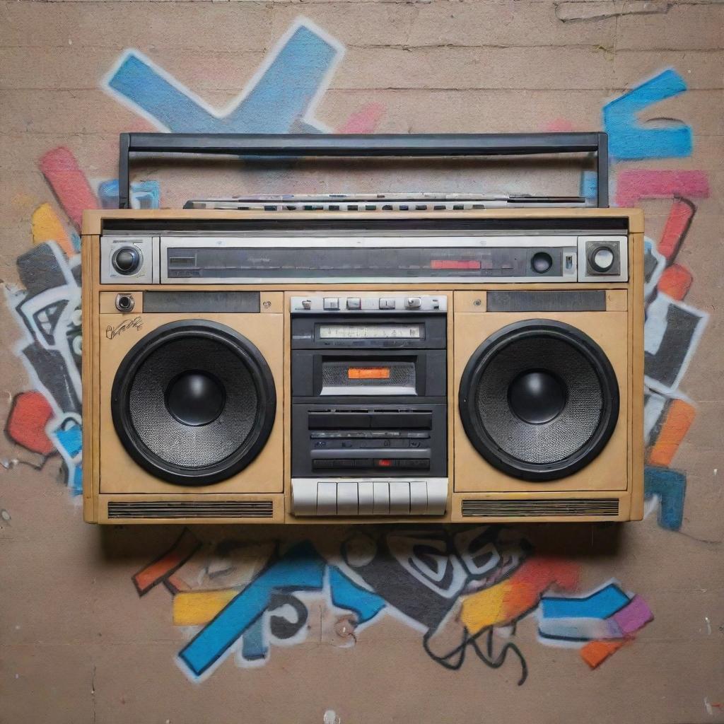 A vintage style boombox, cassette tapes scattered around, and graffiti wall art representing old school rap culture.