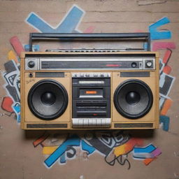 A vintage style boombox, cassette tapes scattered around, and graffiti wall art representing old school rap culture.