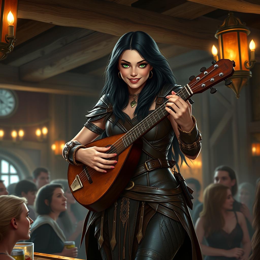 A half-elf bard with long, dark hair and striking green eyes