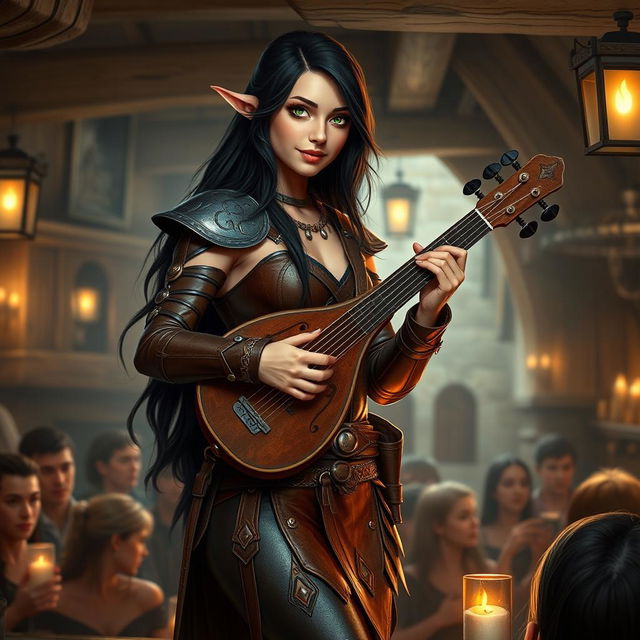 A half-elf bard with long, dark hair and striking green eyes