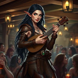 A half-elf bard with long, dark hair and striking green eyes