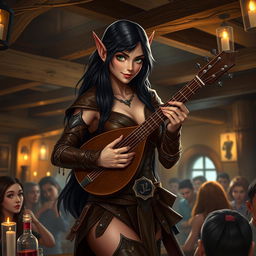 A half-elf bard with long, dark hair and striking green eyes