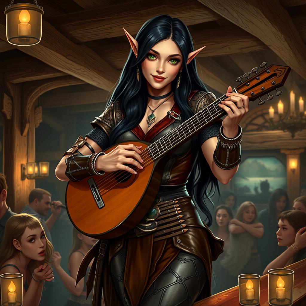 A half-elf bard with long, dark hair and striking green eyes