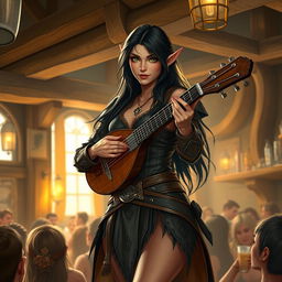 A half-elf bard with long, dark hair and striking green eyes