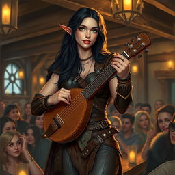 A half-elf bard with long, dark hair and striking green eyes