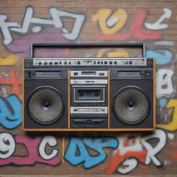 A vintage style boombox, cassette tapes scattered around, and graffiti wall art representing old school rap culture.