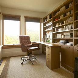 A well-lit, spacious home office with modern furnishings, large windows, a sturdy oak desk, a high-backed leather chair, and shelves filled with books and decorative trinkets. Carpets of earthy tones add warmth to the space.